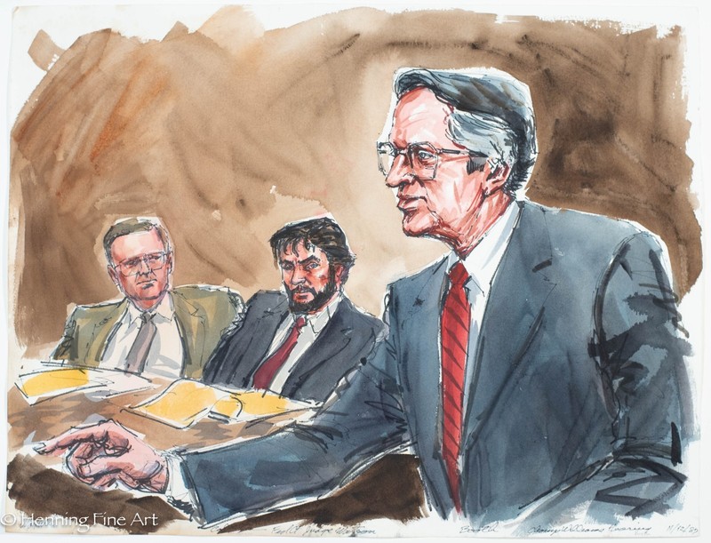 Rare Courtroom Sketch Painting Guilty Party Federal Judge Watson 1987 15×20″