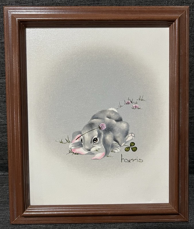 “Ear We Go Again” Peggy Harris Signed Oil Painting Framed Canvas Gray Bunny