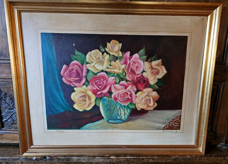 Vintage ROSES Signed Painting on Canvas Board Framed 27″x21″ German by M.Girrens