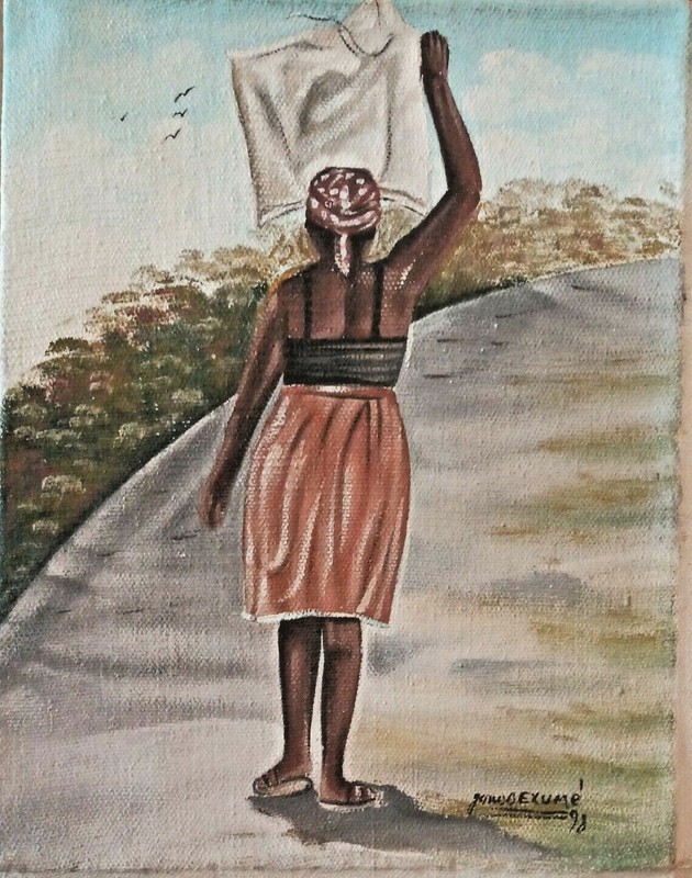 ORIGINAL HAITIAN BIJOUX PAINTING BY JONAS EXUME HAITI STREET SELLER SCENE 0810