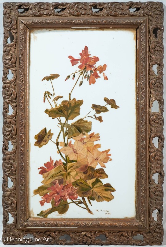 Beautiful Antique Floral Still Life on Glass with Ornate Original Frame Signed 1