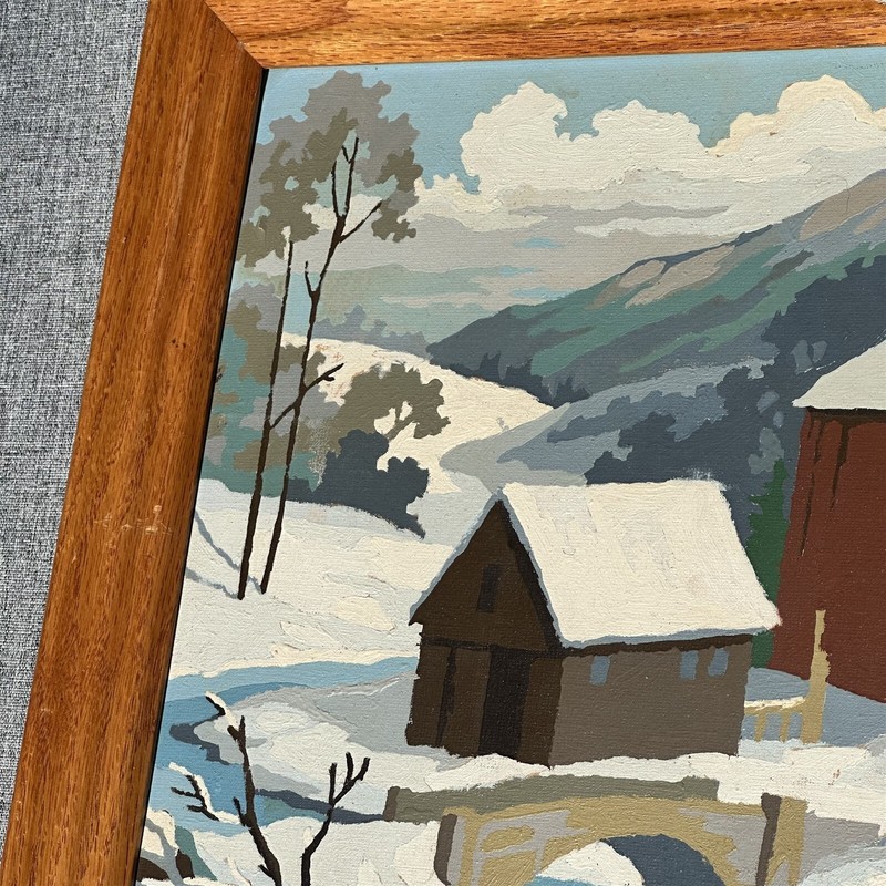 Vintage Painting Paint By Number Winter Country Scene Barns Bridge Craftmaster gallery