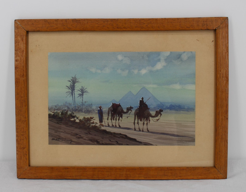 Demetrios Vassiliou Watercolor Painting 6″x9″ Pyramids Egypt Camels Greek 1950s