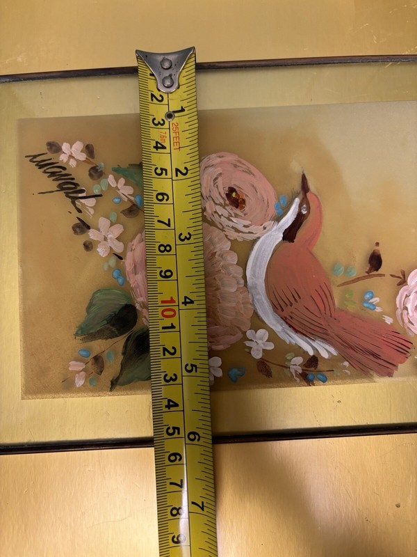 Glass*Brass Framed Panel Vintage Spring Wren Bird Hand Painted Signed 12”x6” gallery