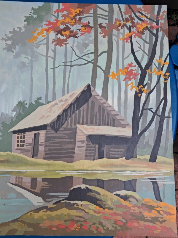 Vintage Paint by Number "Fall Cabin In Thw Woods" Unframed gallery