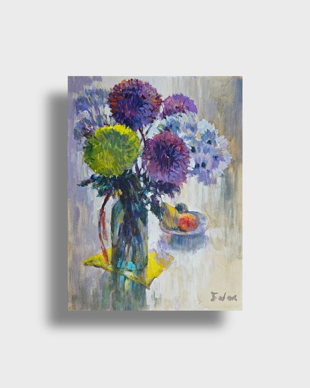 Oil painting Chrysantemums Ukrainian painter canvas Unframed original still life