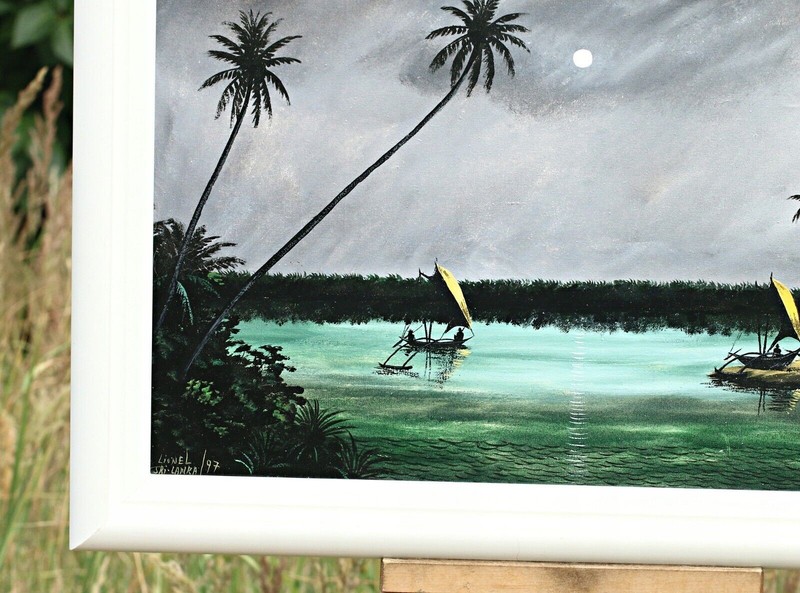 Maritime scene from SRI-LANKA at night, oil on canvas painting, signed Lionel? gallery