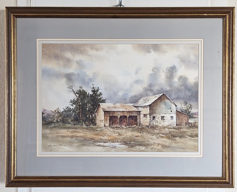 Howard Rees original watercolor farmhouse barn signed and framed 28 x 22 inches