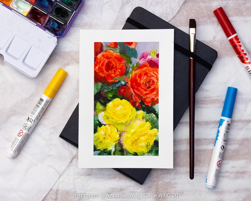 Original Roses Watercolor Painting, Red Yellow Flowers Floral Bouquet Wall Art