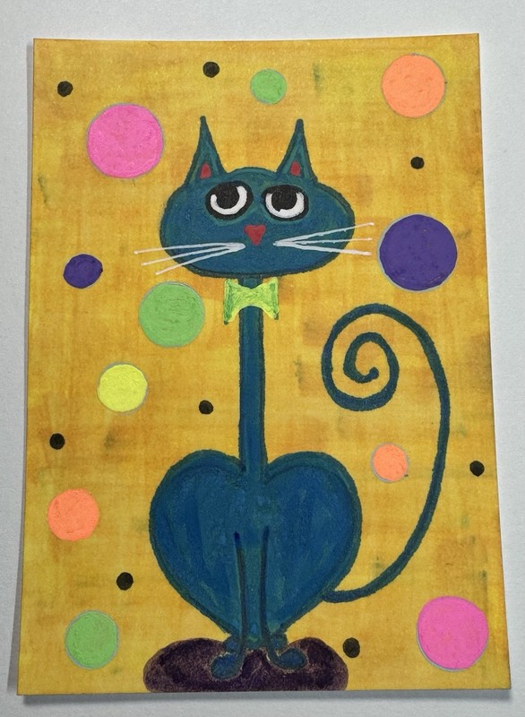 ACEO Original Acrylic Painting Fun Abstract Cat With Dots 2.5 X 3.5 Signed