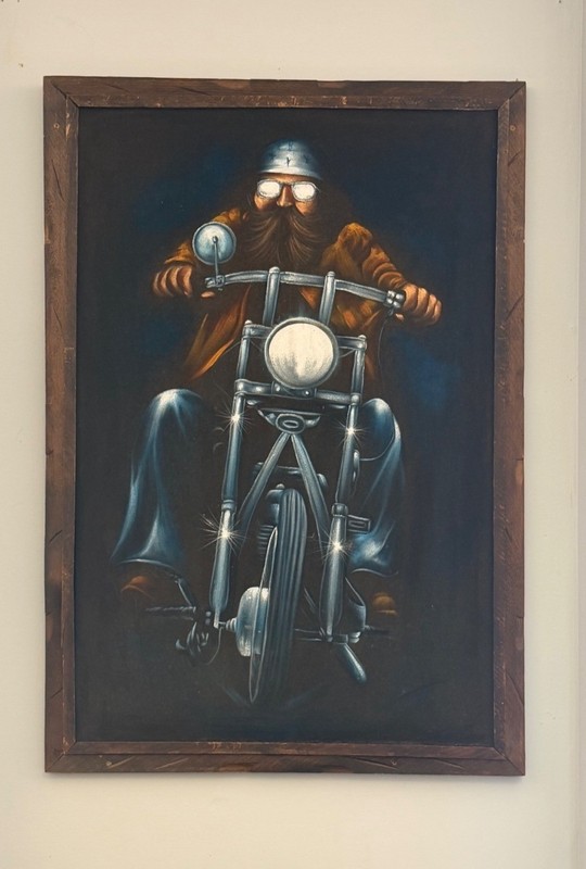 Vintage Black Velvet Biker Oil Painting With Wood Frame Rustic Motorcycle Decor