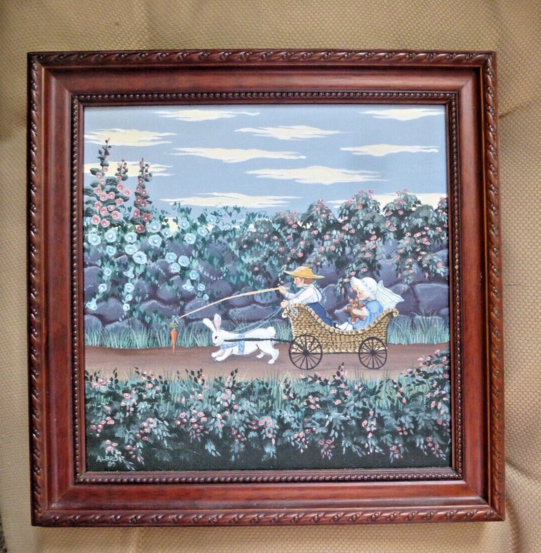 Nancy Albro 1989 FOLK ART Original acrylic Painting Rabbit Pulls Wagon