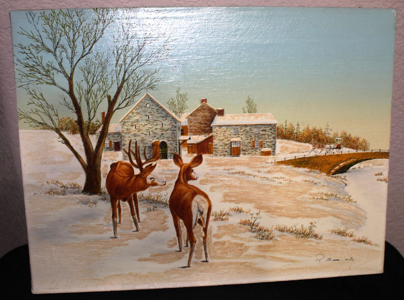 Vintage R. Smith Oil Painting – Two Deer – Farm House – Horse Carriage