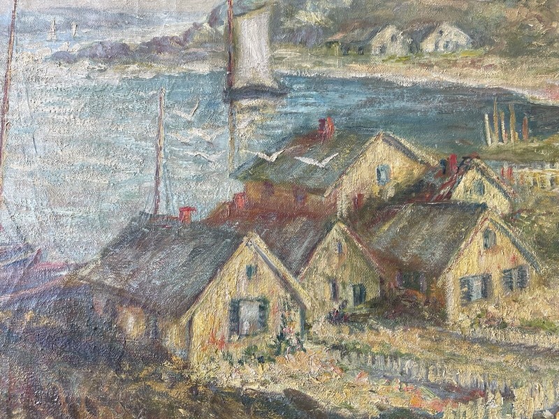 HARRY MELIN Fisherman Village With Sailboats in oil on canvas37” X 22” gallery