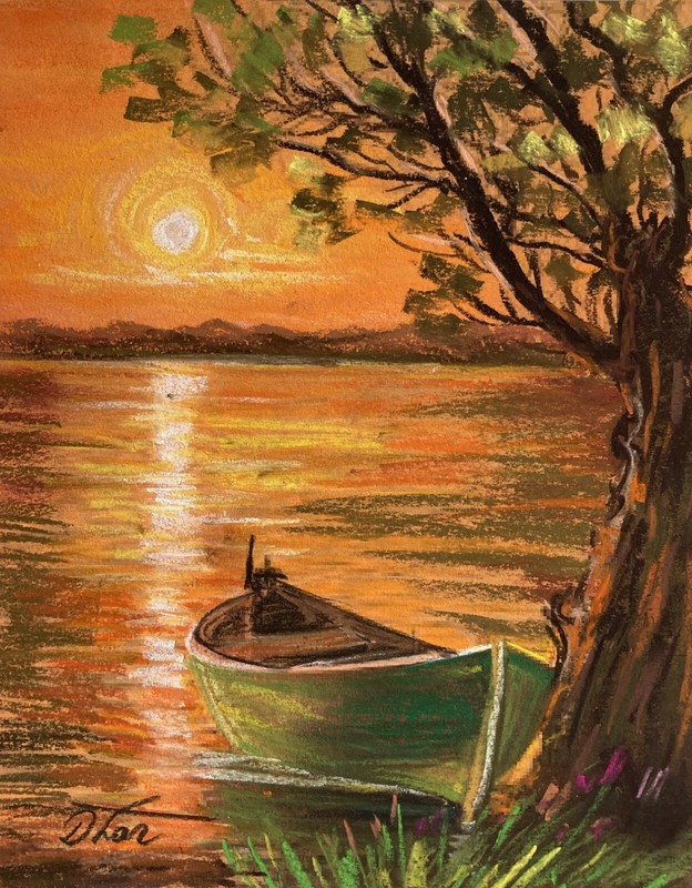 Landscaape Pastel Painting Drawing Dorothy Laz sunset lake boat