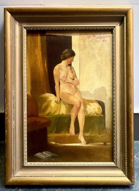 Antique 1913 Signed Graceful Nude Oil Painting NYC Ashcan Era Provenence