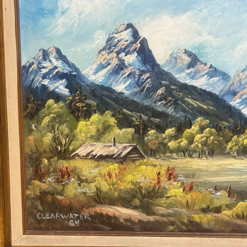 Vintage Original Oil Painting Signed Clearwater 1984 Grand Teton Mountain Framed gallery