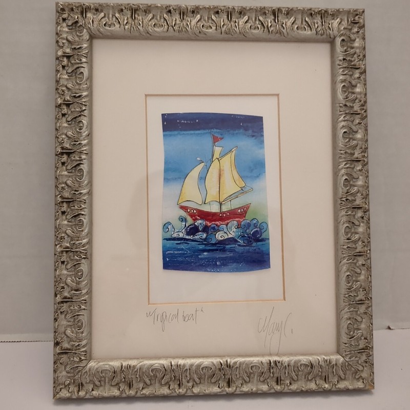 Small Artist Signed «Tropical Boat» Sailboat Water Color Professionally Framed