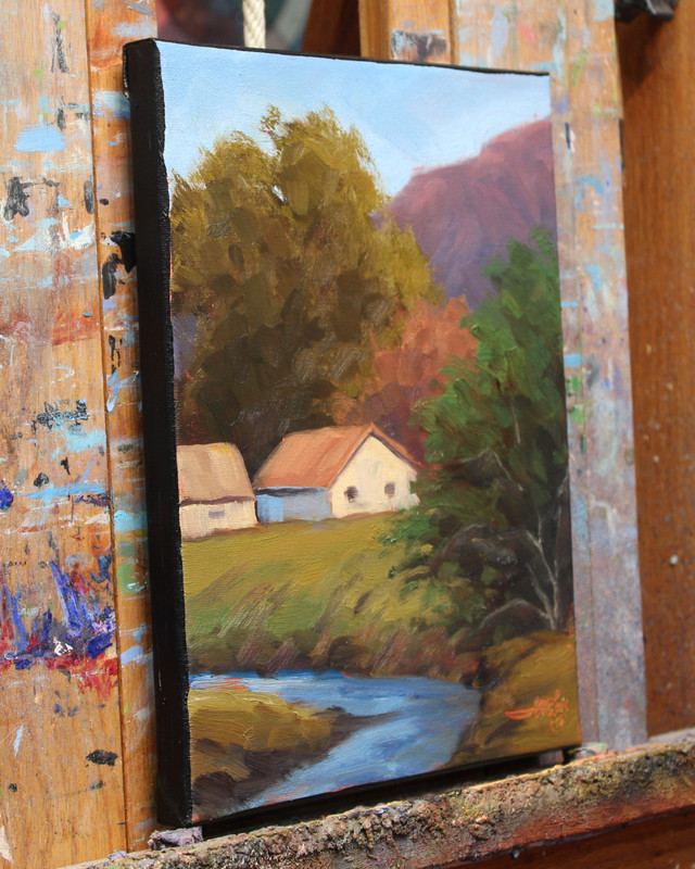 Jeff Love Art Original Oil Painting 10X8" Landscape House Trees Mountain Creek gallery