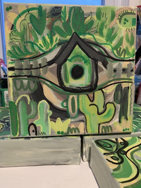 Desert Cactus And Birdhouse Painting 1/4, Deana MOODY VIRGO ARTS OOAK, collect