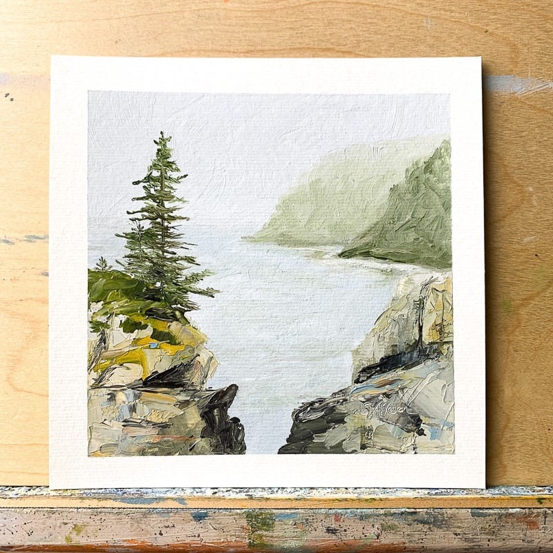 6x6 Maine Original Oil Painting Seascape Pines Rocky Bluff Coastal Art Signed gallery