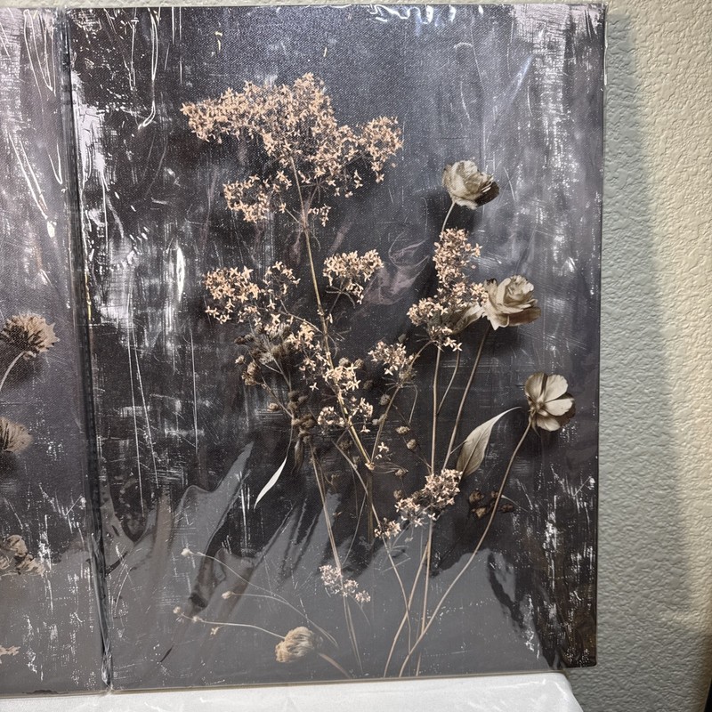Dried Flowers Art Work 3pc 12x16 Individual 12x36 Together Black & Gold Canvas gallery