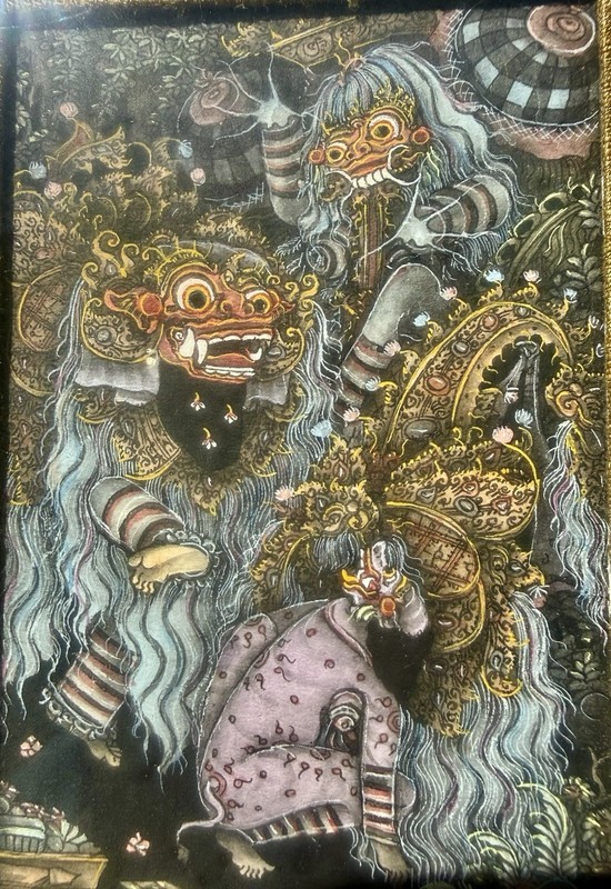 Original Signed Balinese Miniature Painting, Featuring Barong, Framed Silk Matte gallery
