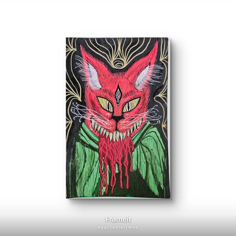 Acrylic Marker Cat Demon Paper Art Original 6.7×10