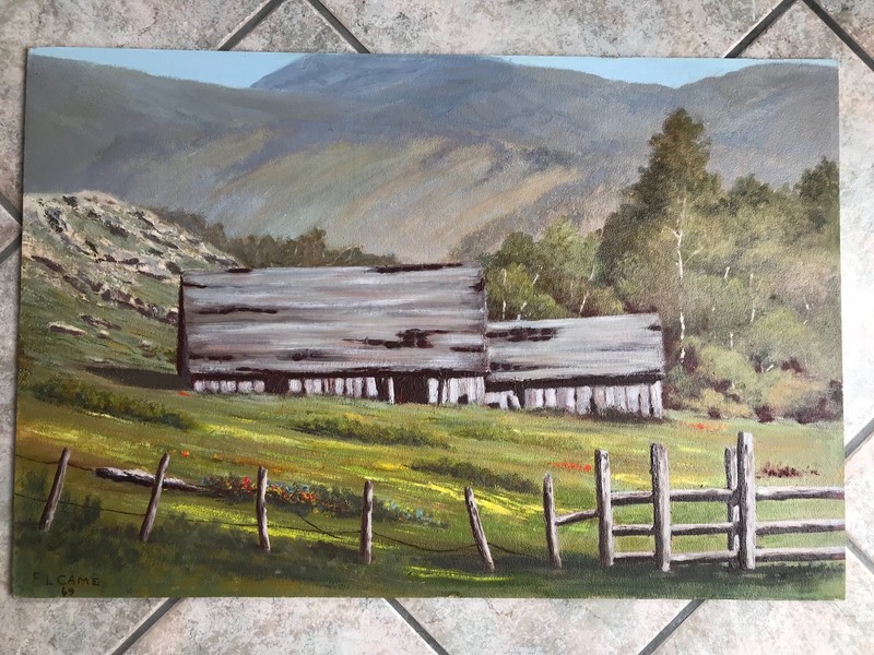 FREDERICK L CAME VINTAGE PLEIN AIR PAINTING 1969 AMERICAN RANCH 30″ X 20″