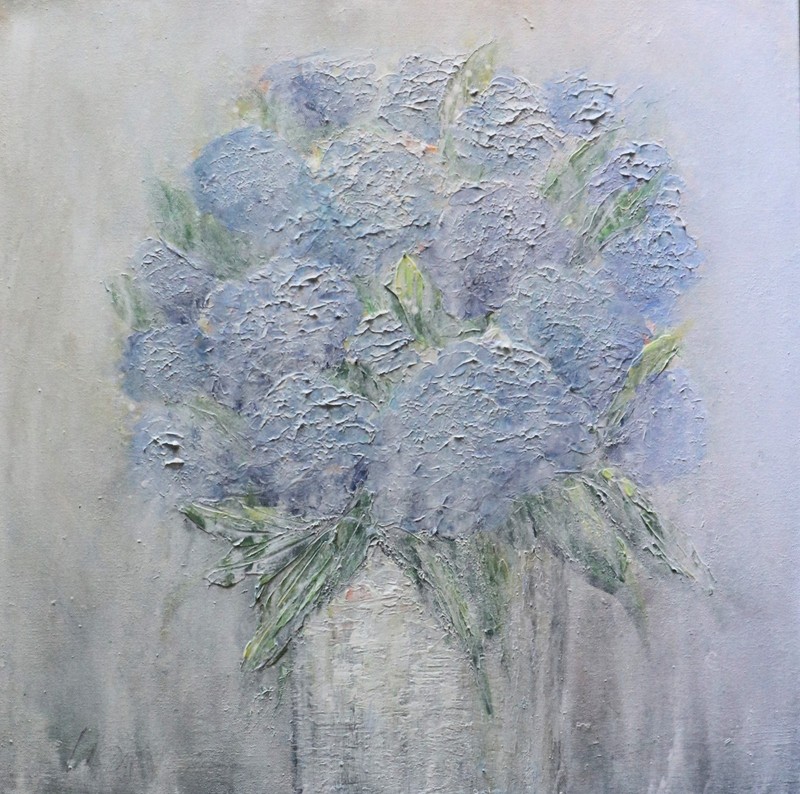 Neutral Textured Floral Painting Blue Gray Abstract Wall Art Original 24×24