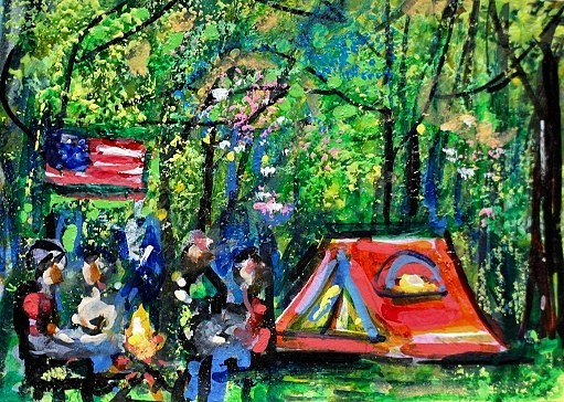 ORIGINAL ACEO Painting FIREWORKS 4th July Camping Fire People USA Flag ATC ART