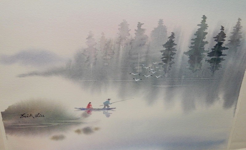 ERIK LIU JAPANESE FISHERMAN ORIGINAL WATERCOLOR LANDSCAPE PAINTING