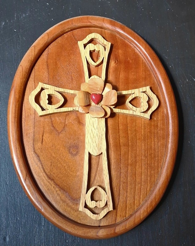 Vintage Wood Hand Crafted Oval Cross With Hearts 10×7″