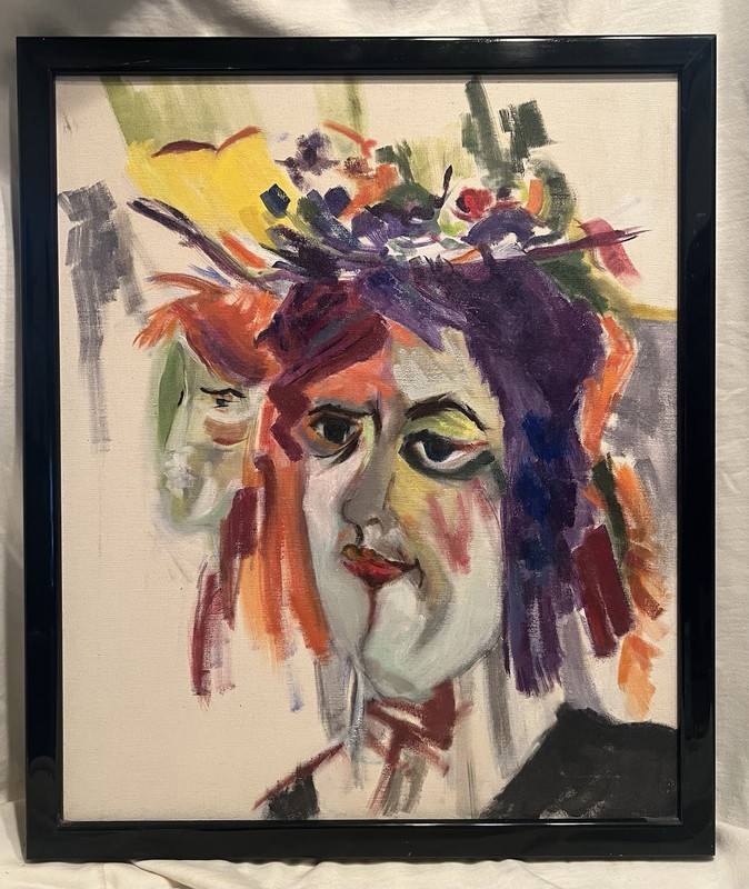 Vintage 1959 Original Painting Woman with Hat Signed M Mange Expressionist