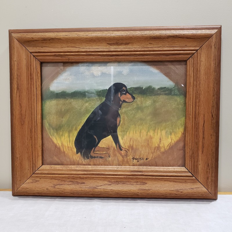 Dog Original Oil Painting Framed Black Tan Coon Portrait Folk Art Wall Decor