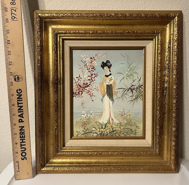 Handmade Framed Asian Woman Floral Painting, Ornate Gold Frame, Signed, 11×17″