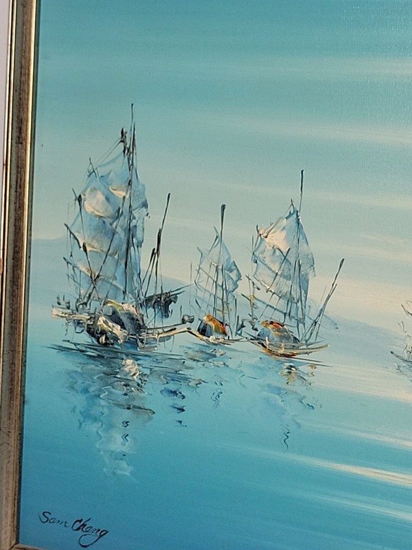 OIL ON CANVAS Asian Junk Fishing Boats Nautical Painting By SAM CHENG 25"x 19" gallery