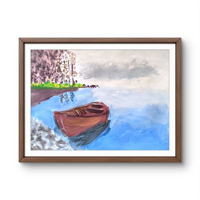 Original Signed 9×12 Acrylic Impressionist Misty Lake Boat Art on Paper
