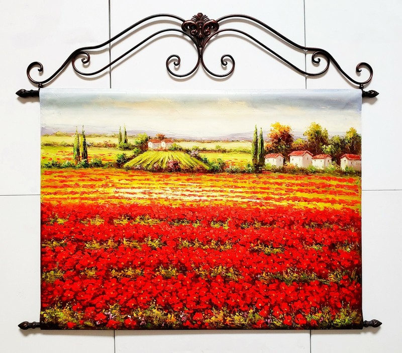 Red Poppy Field – #4, 36×48 Wrought Iron Hanger Painting- Ready to Hang
