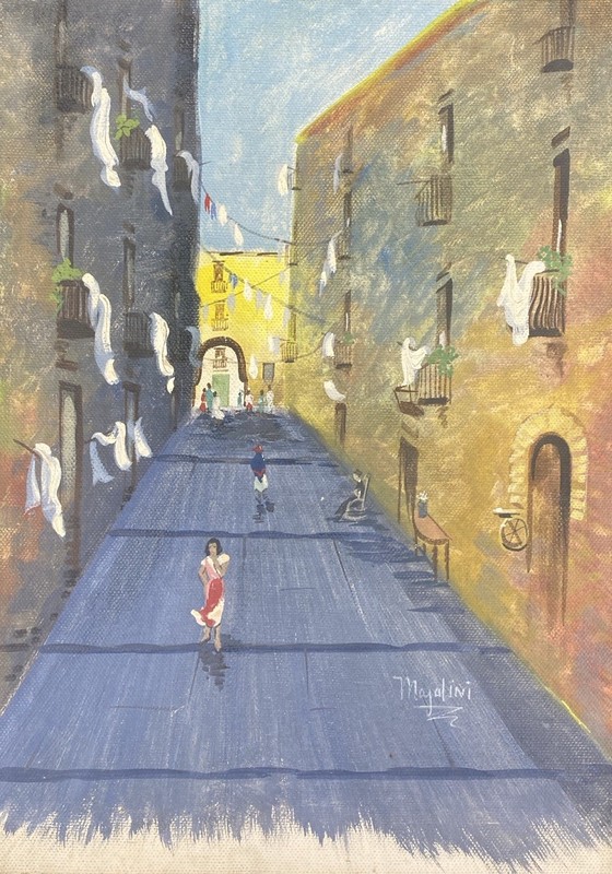 Signed Majalini Oil Painting on Board Italy Street Town City Scene 14×10