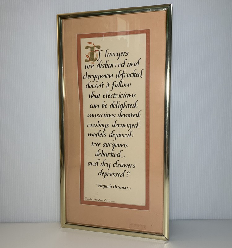 80s Style Framed Calligraphy Quote Virginia Ostman Lawyer Clergyman 8.5 x 16.5″