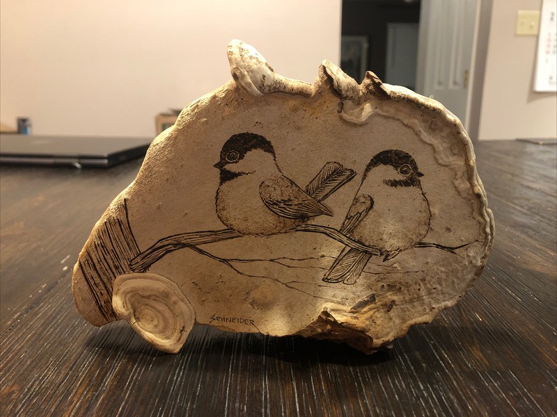 Vtg Hand Carved on Mushroom Bracket Fungus and Black Capped Chickadees Signed