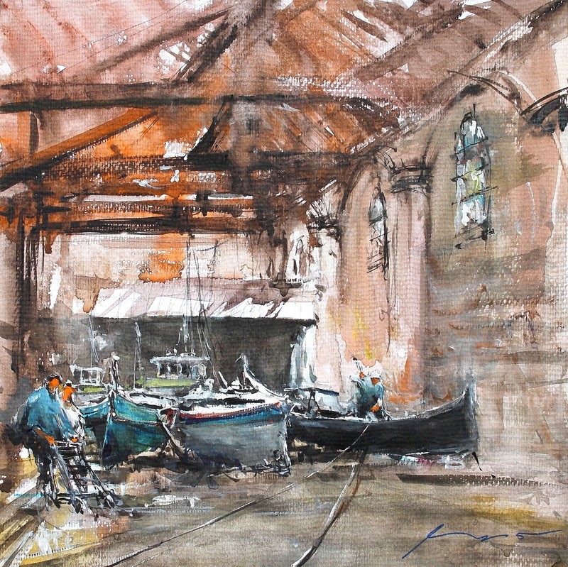 ORIGINAL PAINTING WATERCOLOR VENICE ITALY MUSEUM GONDOLA SEASCAPE 12»x 12»in