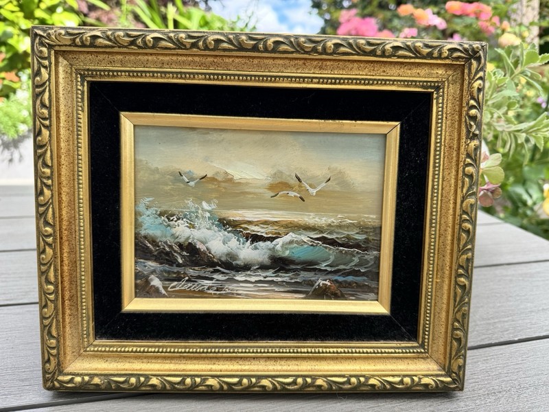 Vintage Framed Ocean & Seagulls Painting. Signed by Artist