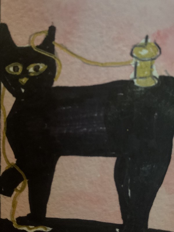 ACEO watercolor art by PJ, art card 2.5 x 3.5: Singer sewing machine, cat.