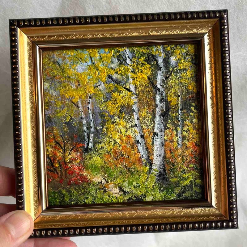 Forest AUTUMN LANDSCAPE ORIGINAL Impressionism Art Oil painting Signed 4 x 4 in