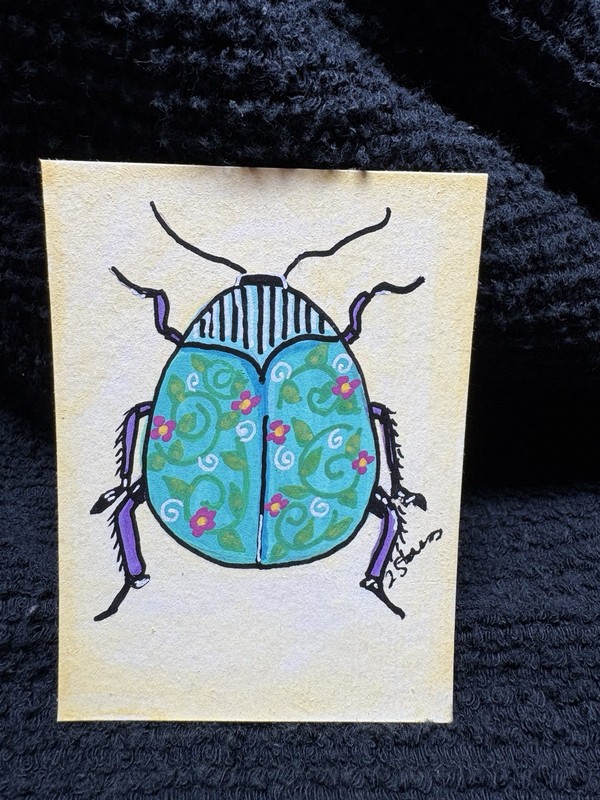 ACEO Original, Blue With Flowers Beetle Signed By Artist