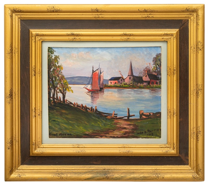 «Quiet Morning» Vintage Sailboat Painting, Signed John B. Morrison, 1963, Framed