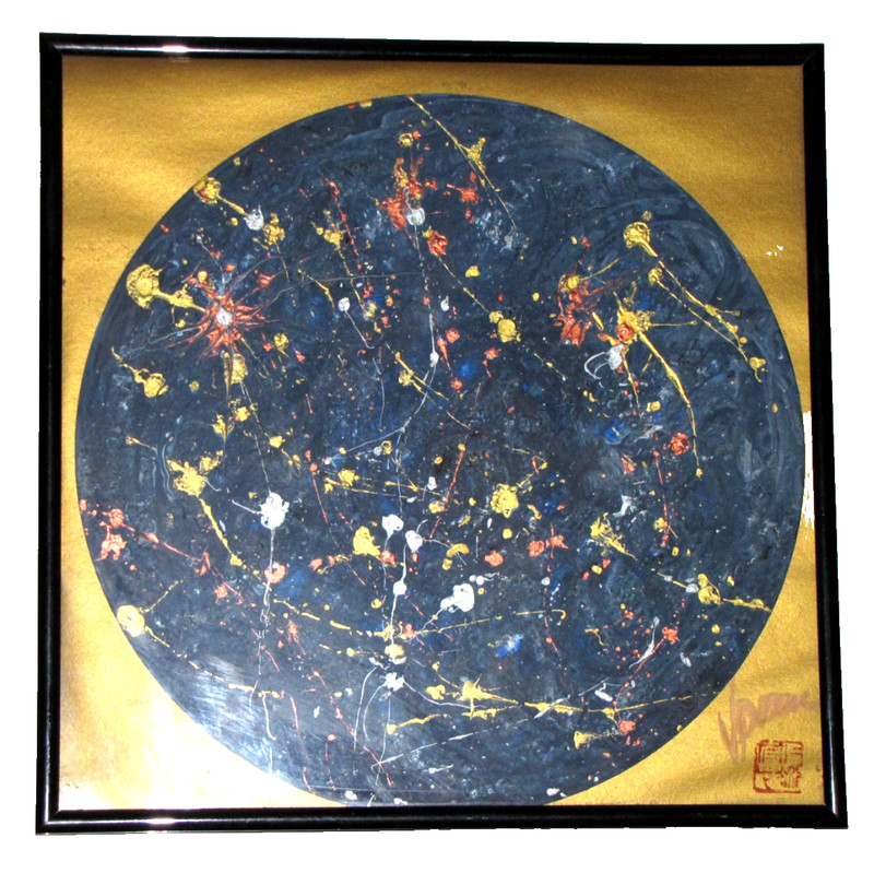 East Asian Abstract Painting Red Seal Wall Art Pollock Inspired Stamp Signed