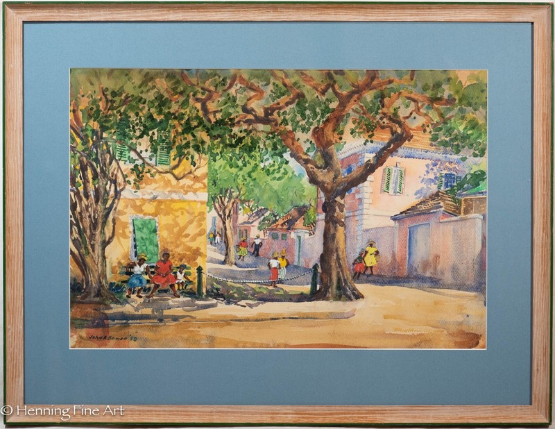 Stunning Mid Century Caribbean Street Scene Painting by John Bower 1958 Colorful